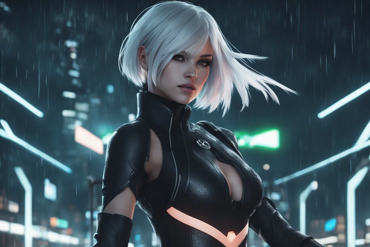 Gwen in 8k nier automata drawing style, ghost spider them suit, cinematic mood, neon effect, close picture, rain, highly detailed, high details, detailed portrait, masterpiece,ultra detailed, ultra quality