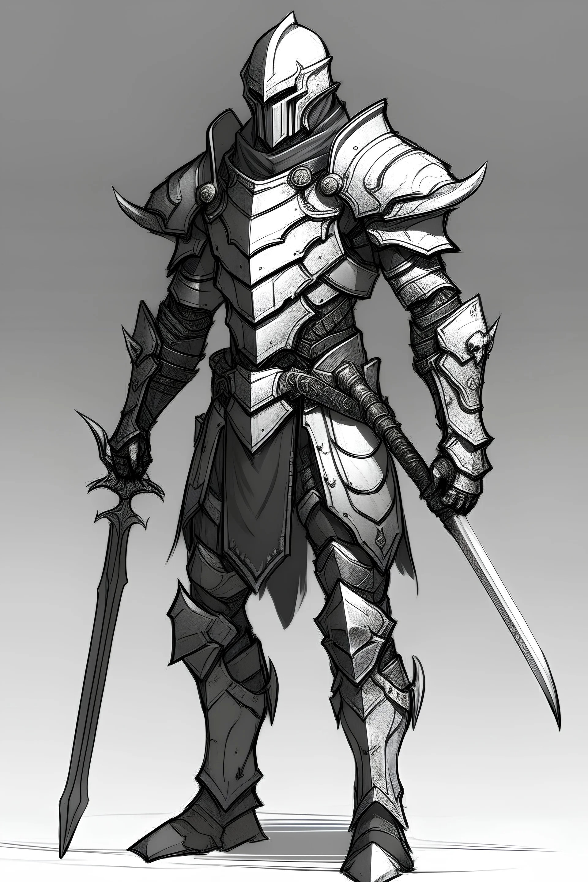 Sketch of dark fantasy warrior full body simple and sleek armor without a helmet on