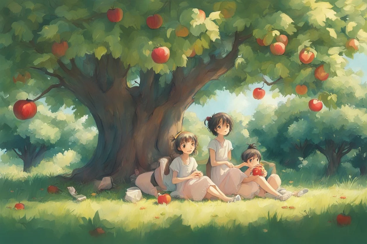 under an apple tree in summer. like studio ghibli