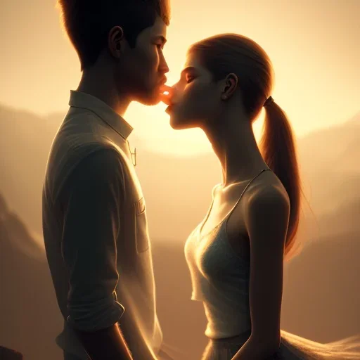 Boy and girl, kissing, sun, romantic, happiness, 8k resolution concept art portrait by Greg Rutkowski,