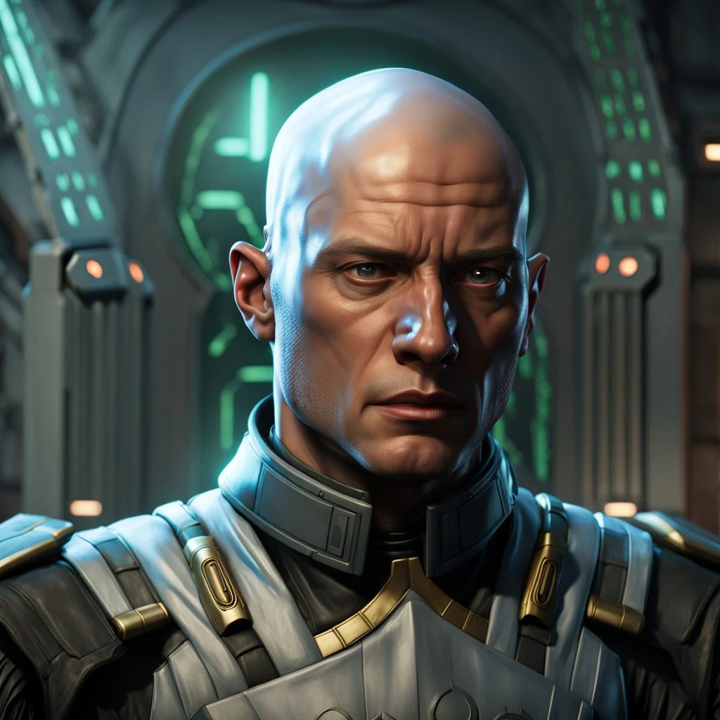 star wars bald male corellian pilot wearing pearlescent black and gunmetal grey First Order special forces heavy assault armor and helmet with gold trim inside the jedi temple, centered portrait, hyperdetailed, dynamic lighting, hyperdetailed background, 8k resolution, volumetric lighting, light skin, fully symmetric details