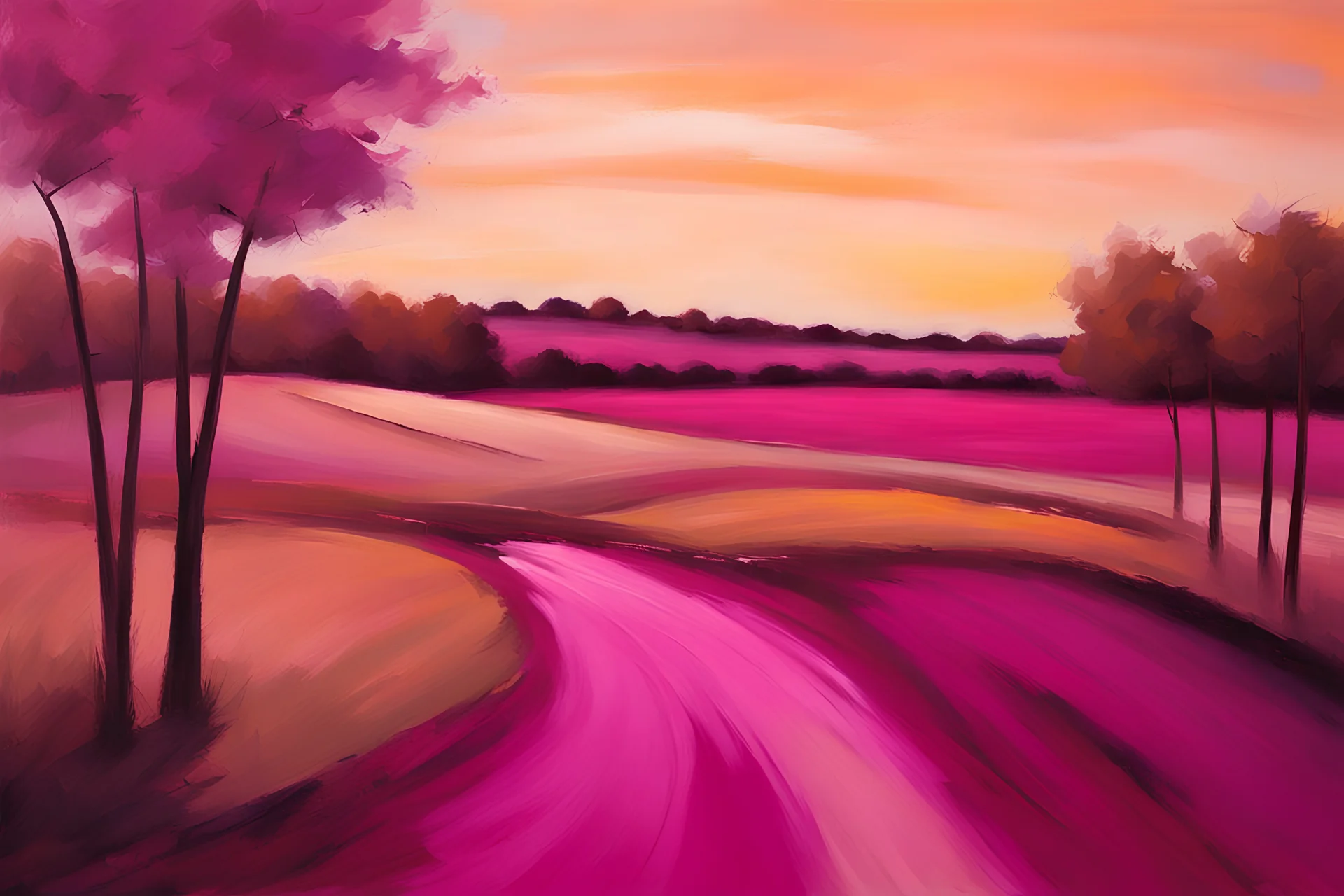 impressionism landscape in magenta, and brown color.