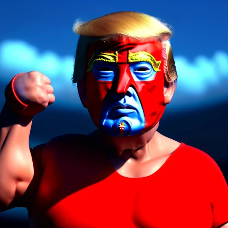 realistic image of donald trump as a mexican wrestling fighter posing, Mexican eyes wrestling mask, red blue dress, retro style, 80s, vibrant color, highly detailed, sky background, concept art, unreal engine 5, god rays, ray tracing, RTX, lumen lighting, ultra detail, volumetric lighting, 3d, finely drawn, high definition, high resolution.