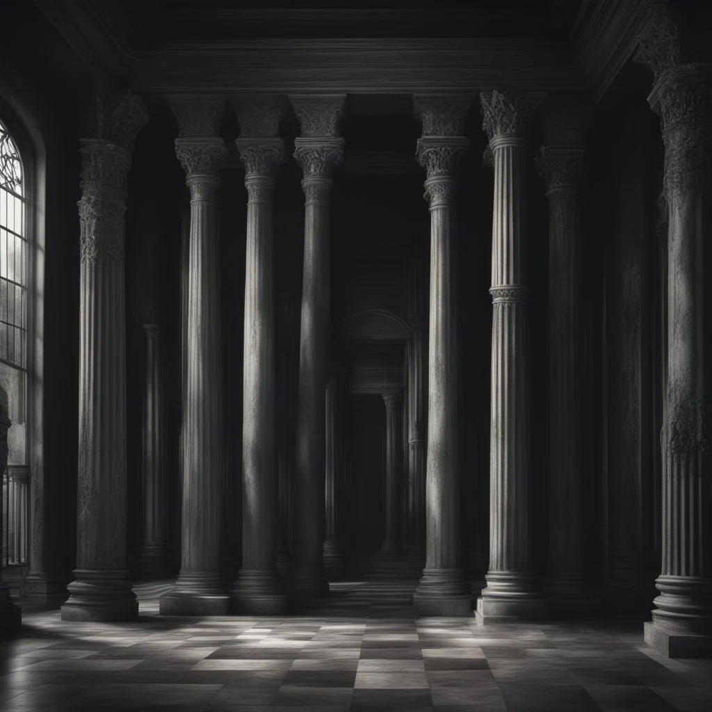 Hyper Realistic Afterlife ghostly Love with black-walls-&-fancy-pillars showing cinematic & dramatic ambiance