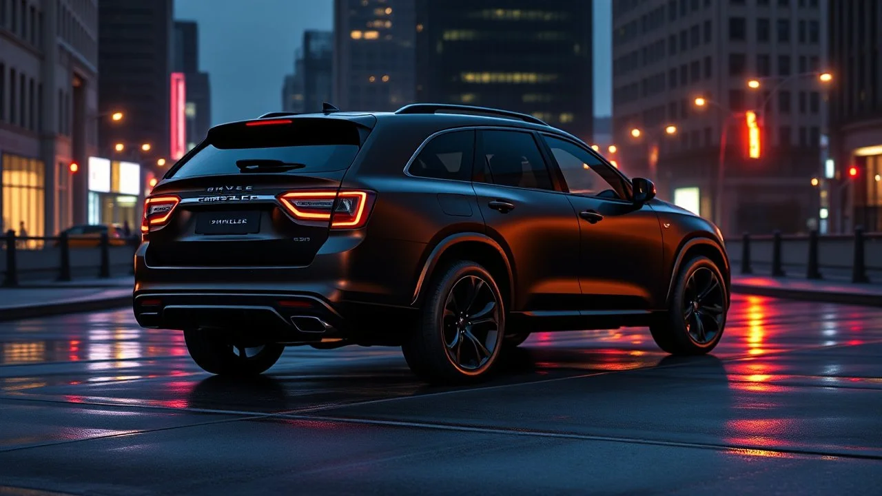"Design a 2024 Chrysler 300C SUV concept, blending the elegance of the sedan with a rugged SUV form. Feature a bold front grille, aggressive headlights, and muscular body lines. The SUV should have a slightly lowered stance, blacked-out wheels, and a matte black finish with chrome accents. Set it in a dusk cityscape with wet streets reflecting the lights, highlighting its powerful and luxurious presence, rear view
