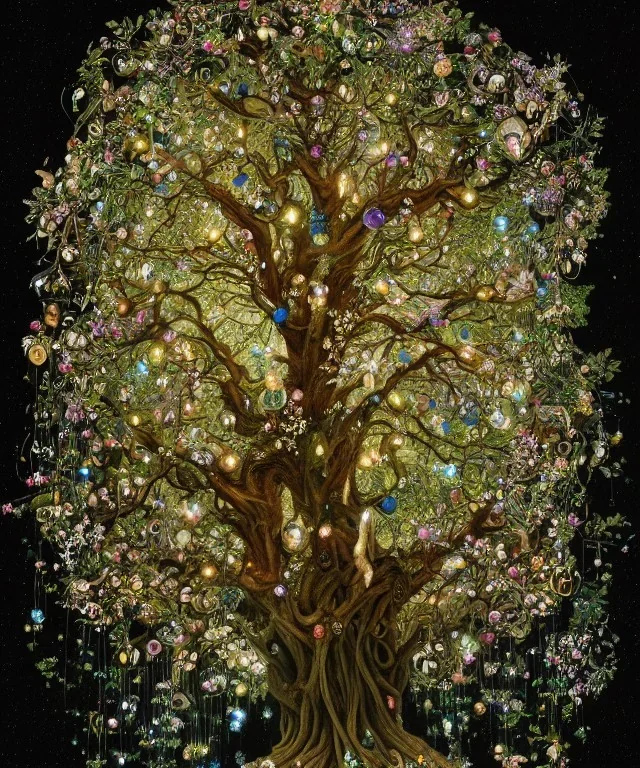 the most stunning, beautiful, Tree of Life with dripping flower garlands, floating globes of light, centered, 8k resolution, high-quality, fine-detail, iridescent, intricate, digital art, detailed matte, volumetric lighting, illustration, 3D octane render, brian froud, howard lyon, selina french, anna dittmann, annie stokes, lisa parker, greg rutowski, alphonse mucha, George Grie, Ben Goossens, Igor Morski