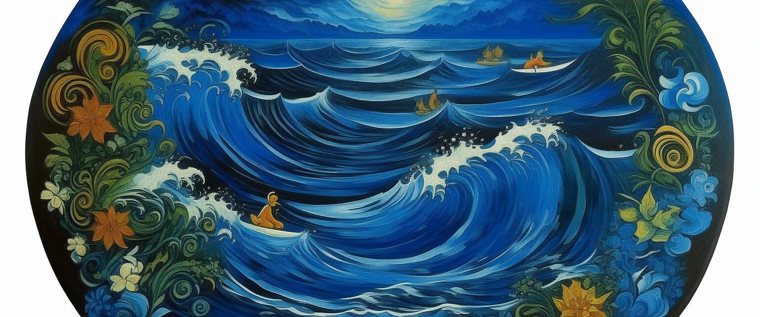 A dark blue ocean with whirlpools designed in Hawaiian tiki statues painted by Georges Seurat