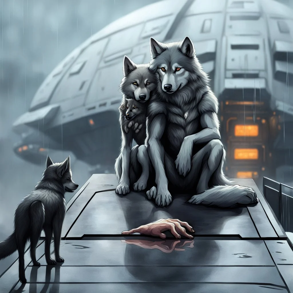 digital art front in picture an of little dark dog like creature stands and looking an anthropomorphic wolf couple sitting on the spaceship's ramp close together, the pale gray female wolf sits behind strong male wolf and puts one paw on the dark gray wolfman's shoulder, raini day, on ramp a little piece of meat lies down, high contrast, high detalied, high realistic, in background detail of an angular spaceship visible. Rain, The atmosphere is a seamless blend of sci-fi, dark fantasy