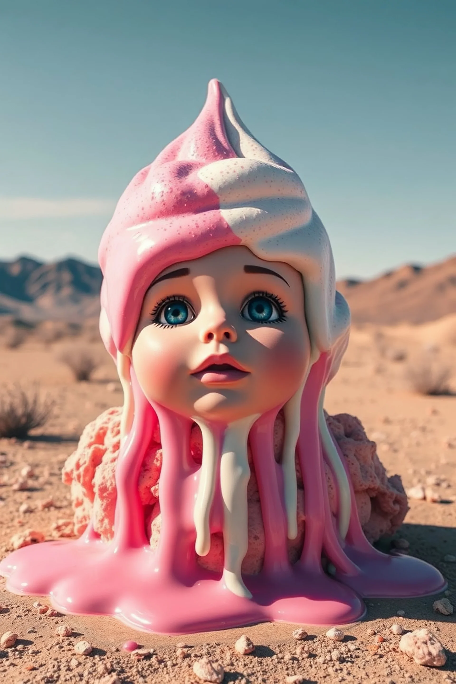 Time melting like bubble gum ice cream, a doll face dripping, surreal desert landscape