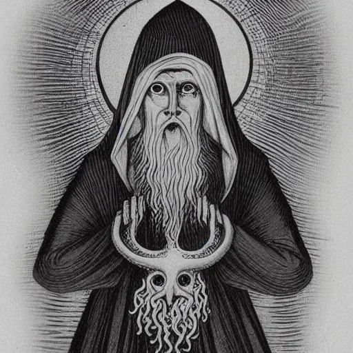 Russian Orthodox nosferatu with no eyes sockets and tentacle beard and long arms and fingers