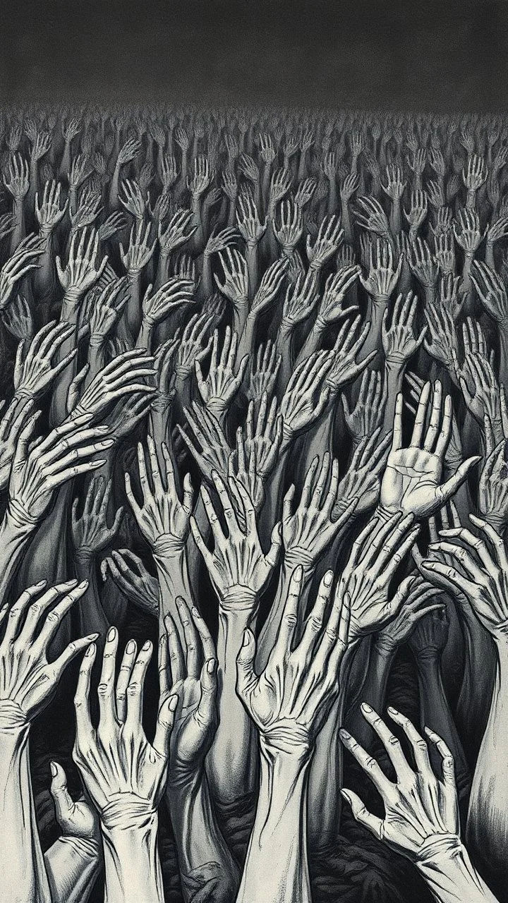 a field of thousands of hands of bodies buried in the ground not visible, horror, hands with different fingers shapes Busch painting style nightmare and thin line draw