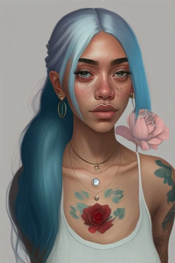 Young woman with big grey eyes, brown skin, rosy cheeks, long silver earrings, really long straight blue hair in ponytail, round face, slim body, big bobs, green shirt, red flower tattoo on collarbone,