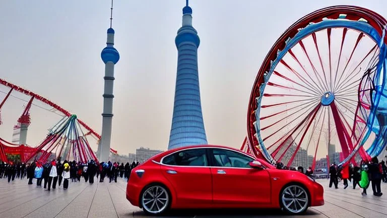 A Tesla's 'Model S Plaid' is racing at top speed, across 'Lotte World', in Seoul (South Korea). CINEMATIC. WIDE ANGLE LENS.