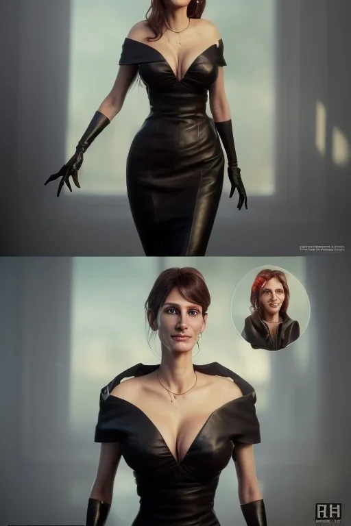 Julia Roberts in black leather gown, evil, busty, cleavage, curvy, angry, happy, stern look. character design by cory loftis, fenghua zhong, ryohei hase, ismail inceoglu and ruan jia. unreal engine 5, artistic lighting, highly detailed, photorealistic, fantasy