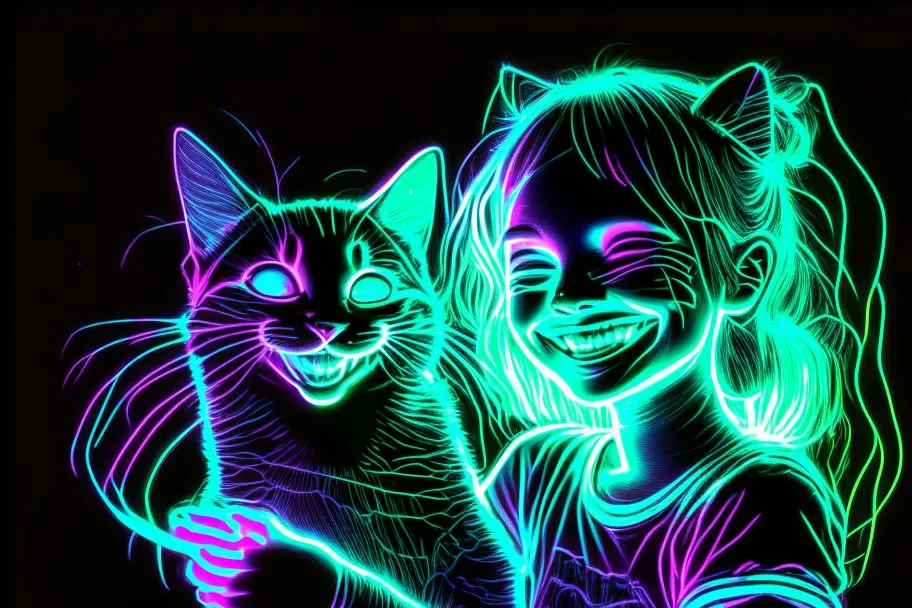 black background, outlines of a holographic happy girl with a cat drawn from thin neon-coloured glowing lines