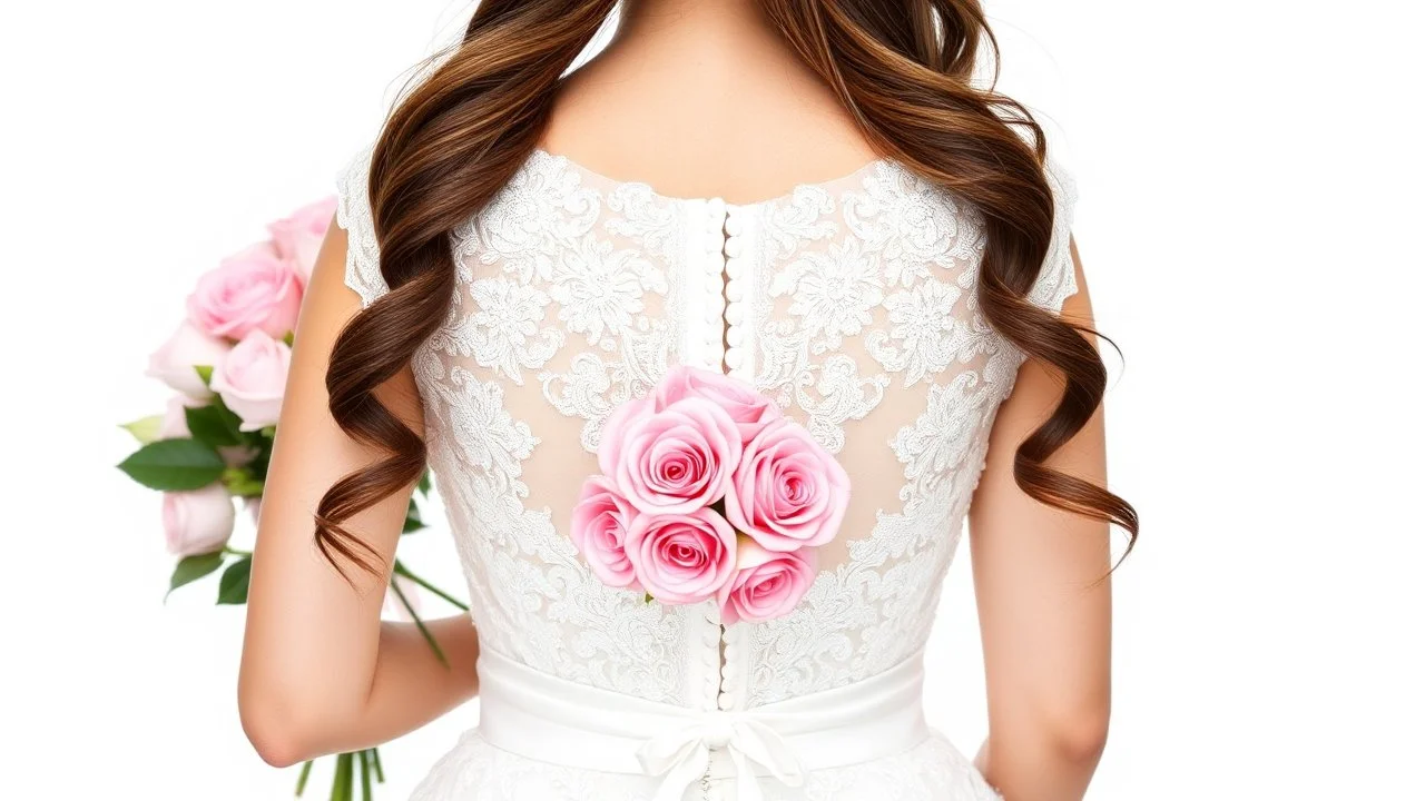 Back bust of a bride in a white wedding dress with a bouquet of pink roses on a white background