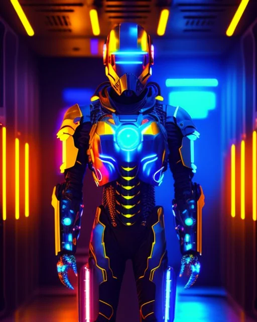 cinematic colors Length picture full body of Futuristic sci fi of a mechanized cyborg police SWAT .high key lighting, 3d bas relief, front view clock, glowing neon nixie eye, wire whiskers cyborg high contrast colors,standing pose hold weaponry,futuristic shoes,laboratory digital holograms and weapons storage room background