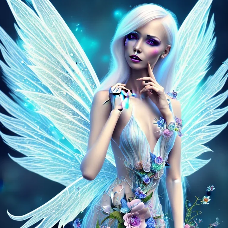 Fantasy fairy with transparent wings, smiling, make up, long platinum blond hair with crown and flowers, blue dress, flower background