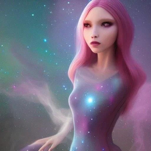 Pleiadian beautiful alien girl ultra-realistic, galaxy dress, highly detailed, masterpiece, delicate detailed, sharp focus, insanely detailed, fantasy art, intricate detailed, elegant, fog, Special Lighting, Vibrant, color Scheme, forest, unreal engine 5, trending on artstation, anime