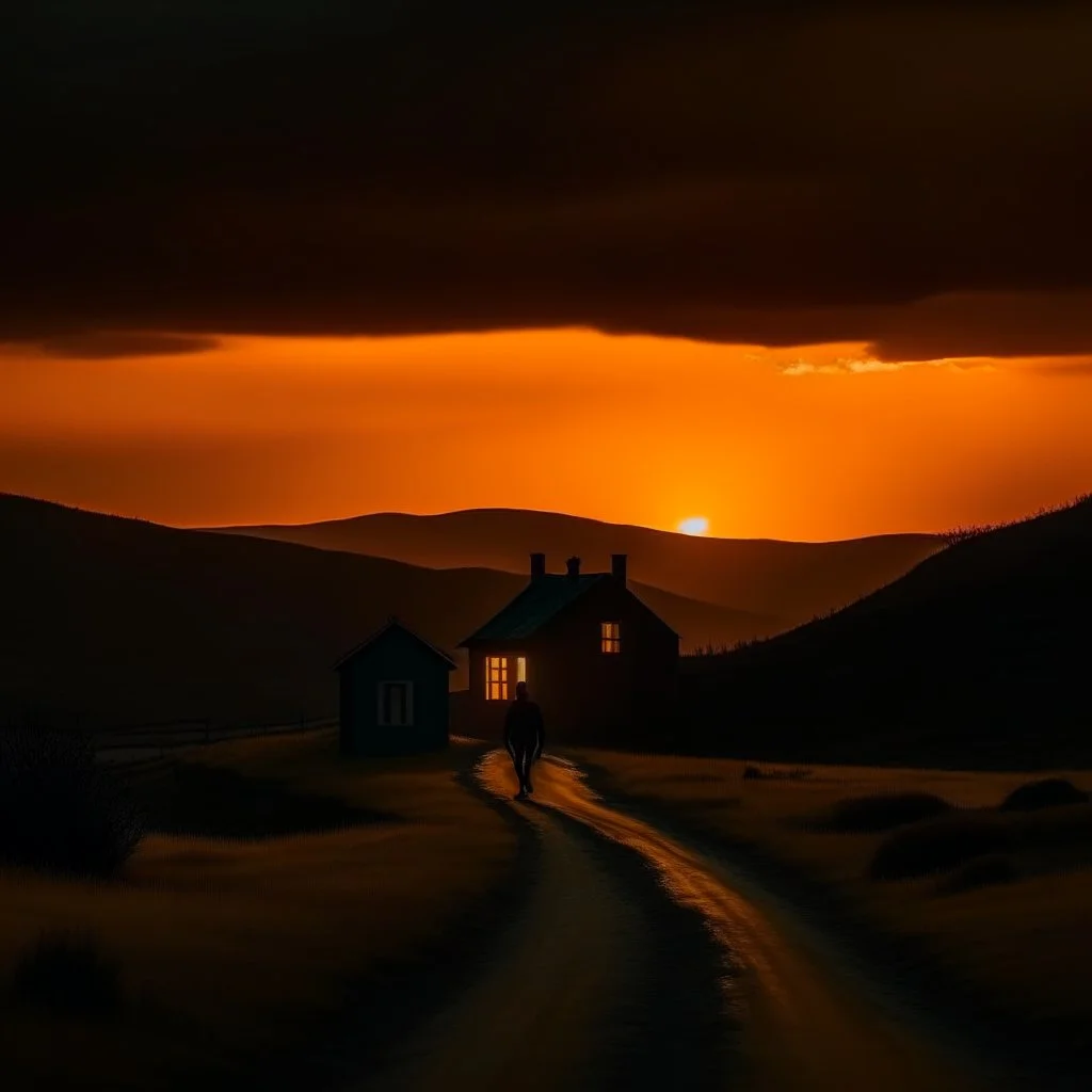 dark night, orange sunset colors in the sky, a lonely cottage with the lights on in the distance on a mountain, a lonely dark figure walking down the road