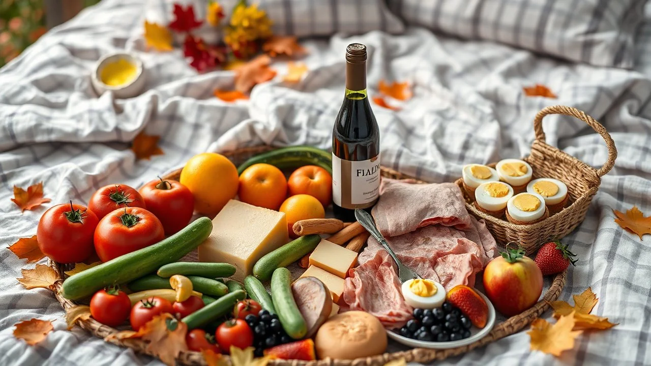 autumn picnic feast, there is a bottle of wine on the bedspread, fruits and vegetables, cheese and bread and butter, tomatoes, cucumbers, apples, oranges, mangoes, butter, blackcurrants, strawberries, sliced ham, hard-boiled-eggs, hyperdetalization, premium photos, version 6.1