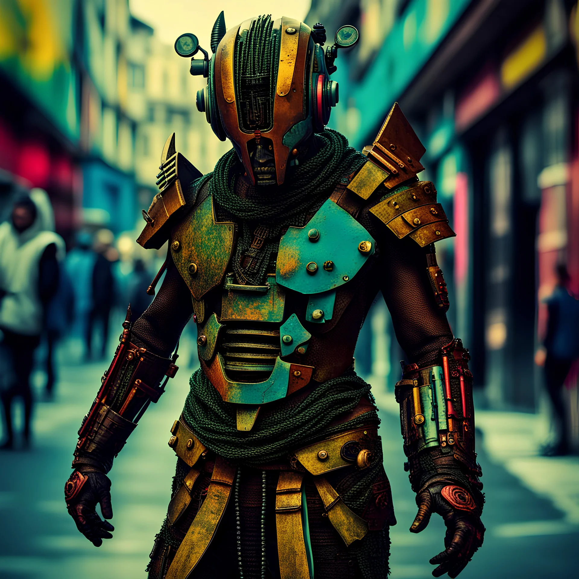a half human half android warrior whose attire is of ancient times but the street that he is walking has cyber punk colours, architecture & street art, sharp focus, background circular motion blur