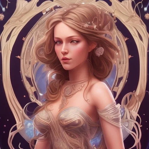 FAIRY , cute, beautiful, long hair, wavy hair, blues eyes, , cinematic, 8k, Artgerm, WLOP, Alphonse Mucha dynamic lighting hyperdetailed intricately detailed, pink found,STARS