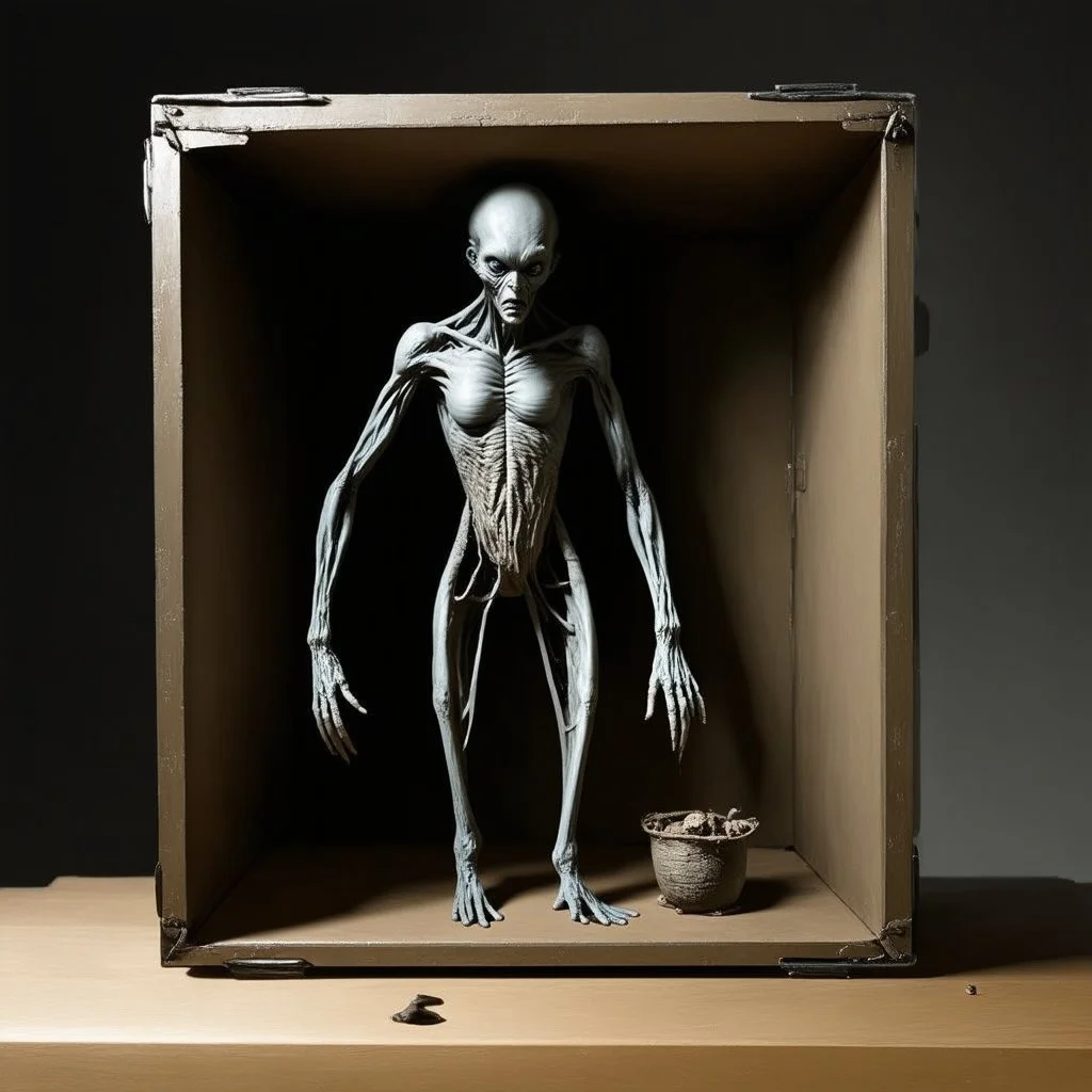 by Phlegm and Santiago Caruso, Matte oil painting, Metaphorical depiction of Claustrophobia, ominous humanoid long limbed gaunt creature contorted into a small box, surreal, dramatic, sinister, profound