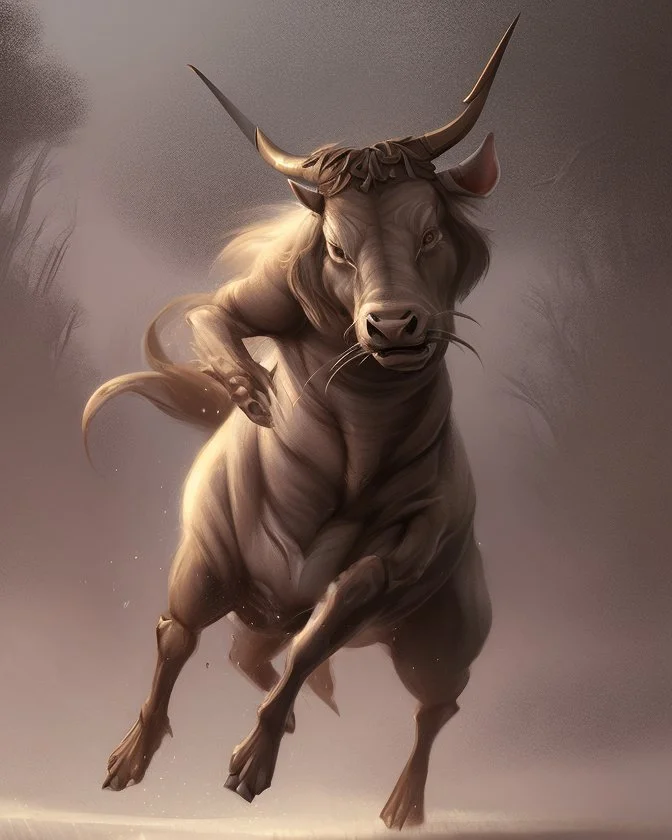 Minotaur, half man. Half bull crw majestically galloping through the dense forest in the style of Doug Hyde , fantastical landscape, soft strokes , mythology portrait, classic illustrated digital design