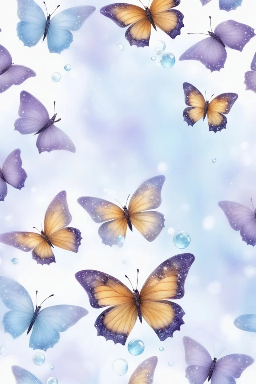 Lavender and light blue butterflies and bubbles in the snow