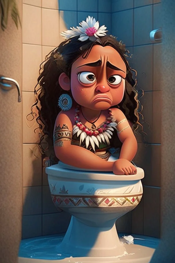 Moana sitting on a toilet