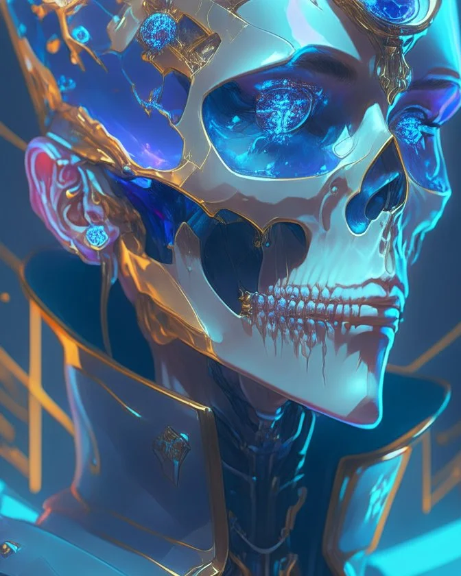 A glass headed skull with sapphire eys wearing a futuristic uniform, 8k resolution concept art portrait by Greg Rutkowski, Artgerm, WLOP, Alphonse Mucha Boris Vallejo dynamic lighting hyperdetailed intricately detailed Splash art trending on Artstation triadic colors Unreal Engine 5 volumetric lighting, by Hajime Isayama