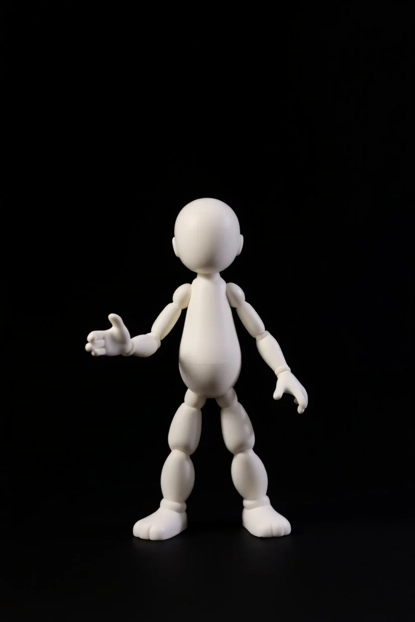 a simple standing animated charcter(head molded into shoulders, no neck, legs molded from bottom of body, a completely flat face area, stubby legs, bulky arms, no painted details, white in color) vinyl art toy