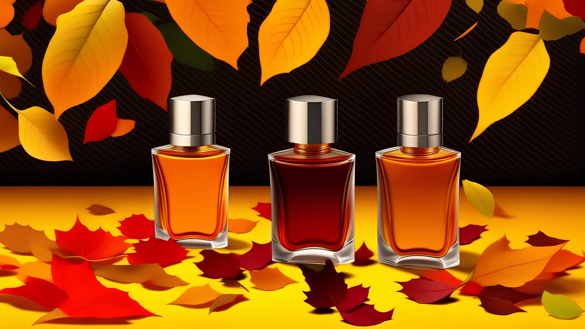 generate me an aesthetic image of perfume for Perfume Bottles with Falling Autumn Leaves