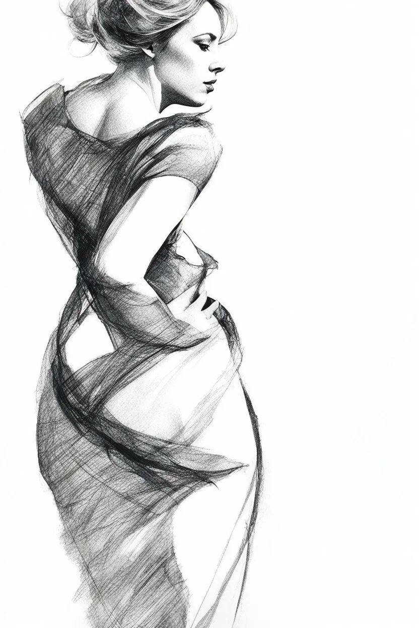 black and white expressive and abstract drawing of a full woman figure, contrast and detailed pencil trace texture, on drawing paper ar2:3 without shading