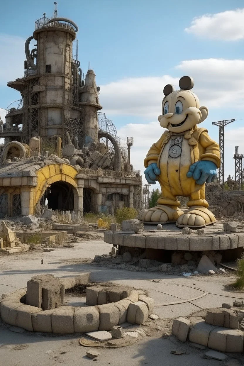 far in the future, a gigantic stature of a popular famous cartoon character sits among ruins of buildings. time has weathered the landscape for thousands of years. a small makeshift camp with people can be seen contrasting the massive statue.