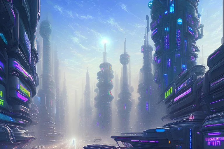 Futuristic cyberpunk street, planet in the sky, impressionism painting