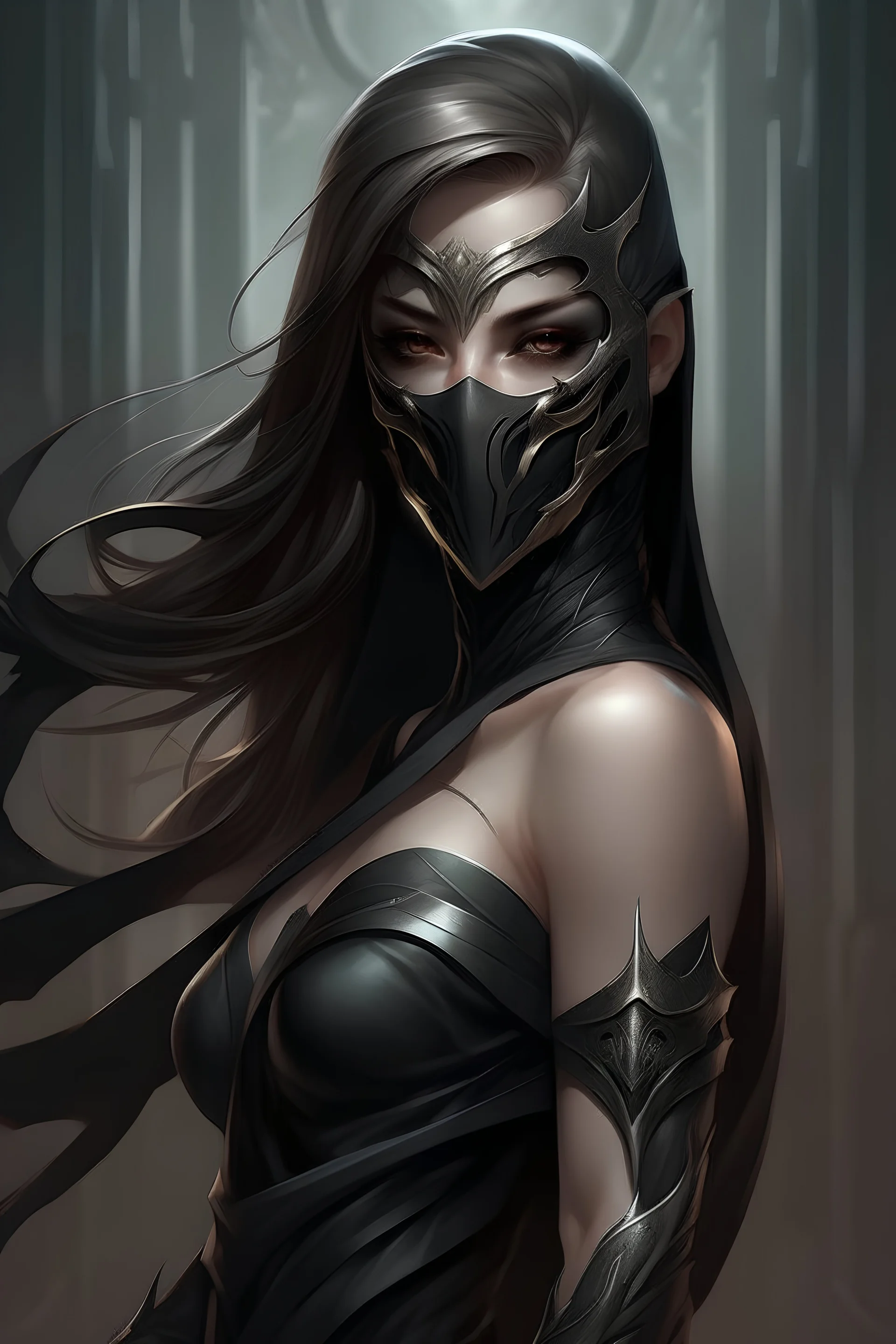 elf in long black dress with mask, amazing character art, extremely detailed artgerm, female assassination with mask, exquisite epic character art, detailed artgerm, zero katana video game character, thin shoulders, female body