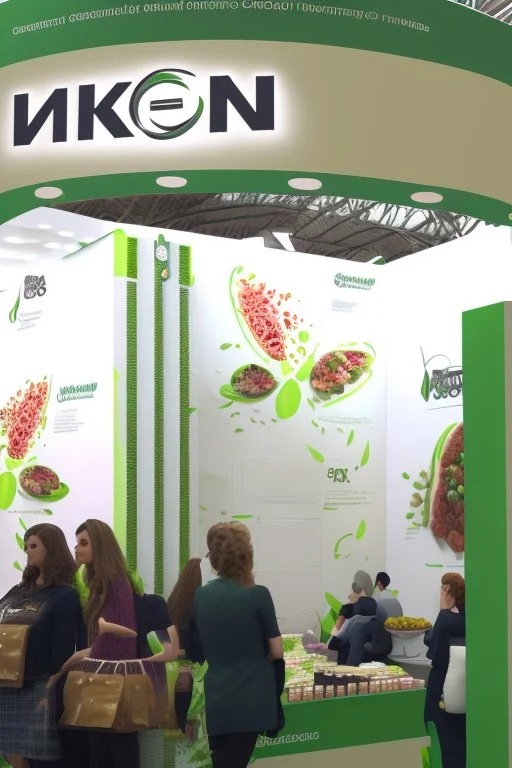 Corner green exhibition stand of a food company with product displays and a meeting area