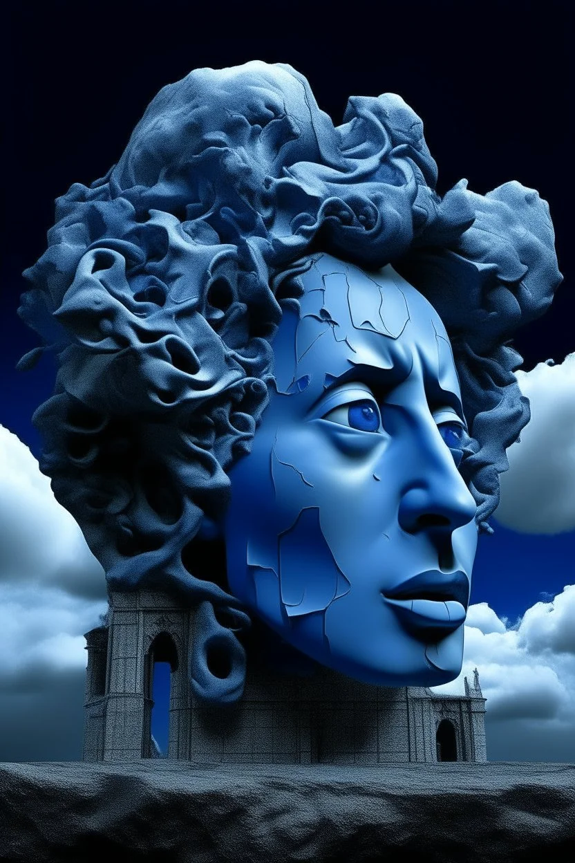 surrealis monochrome A fragmented, surreal sculpture liguid blue color of photorealistic image 3d,psychedelic art glossy emerging from devilish a crumbling walls of an old castle The face appear and intricate details, evoking a haunting expression. set against a backdrop of stormy, cloud-filled skies. bauhaus art The overall tone is dark blue and moody, suggesting themes of decay and transformation.