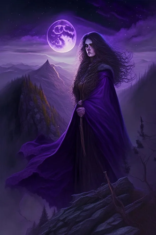 A beautiful witch, dressed in a dark purple cloak, with brown hair and hazel eyes, standing on a mountain peak with a forest behind her, under the full moon, wand out, casting a spell