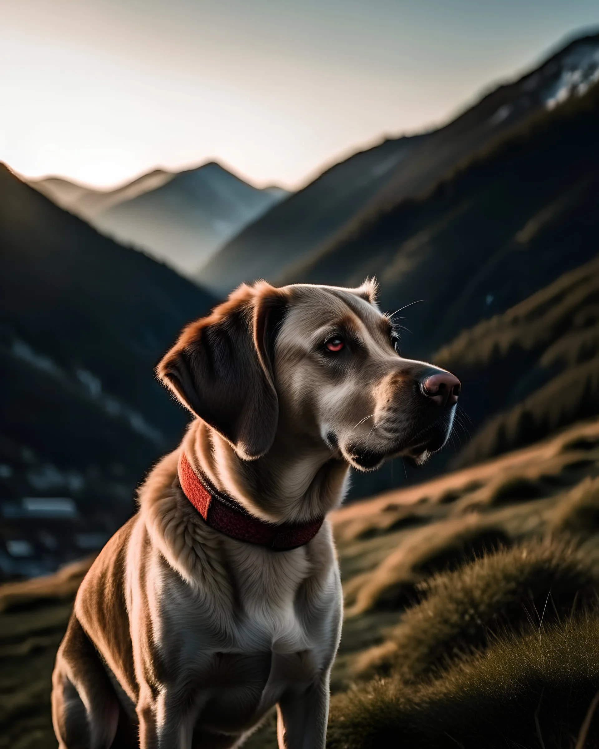 labrador dog in the Swiss Alps, cinematic lighting