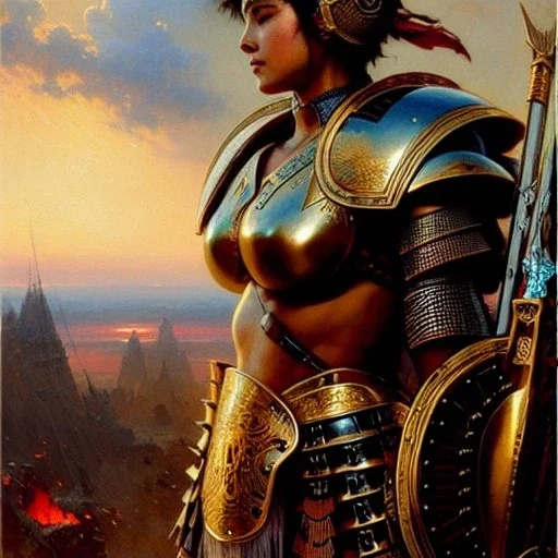 portrait ' beautiful busty Female Warrior',ancient metal armor and Helmet ,painting by gaston bussiere, greg rutkowski, yoji shinkawa, yoshitaka amano, tsutomu nihei, donato giancola, tim hildebrandt, oil on canvas, cinematic composition, extreme detail,fit full head inside picture,16k