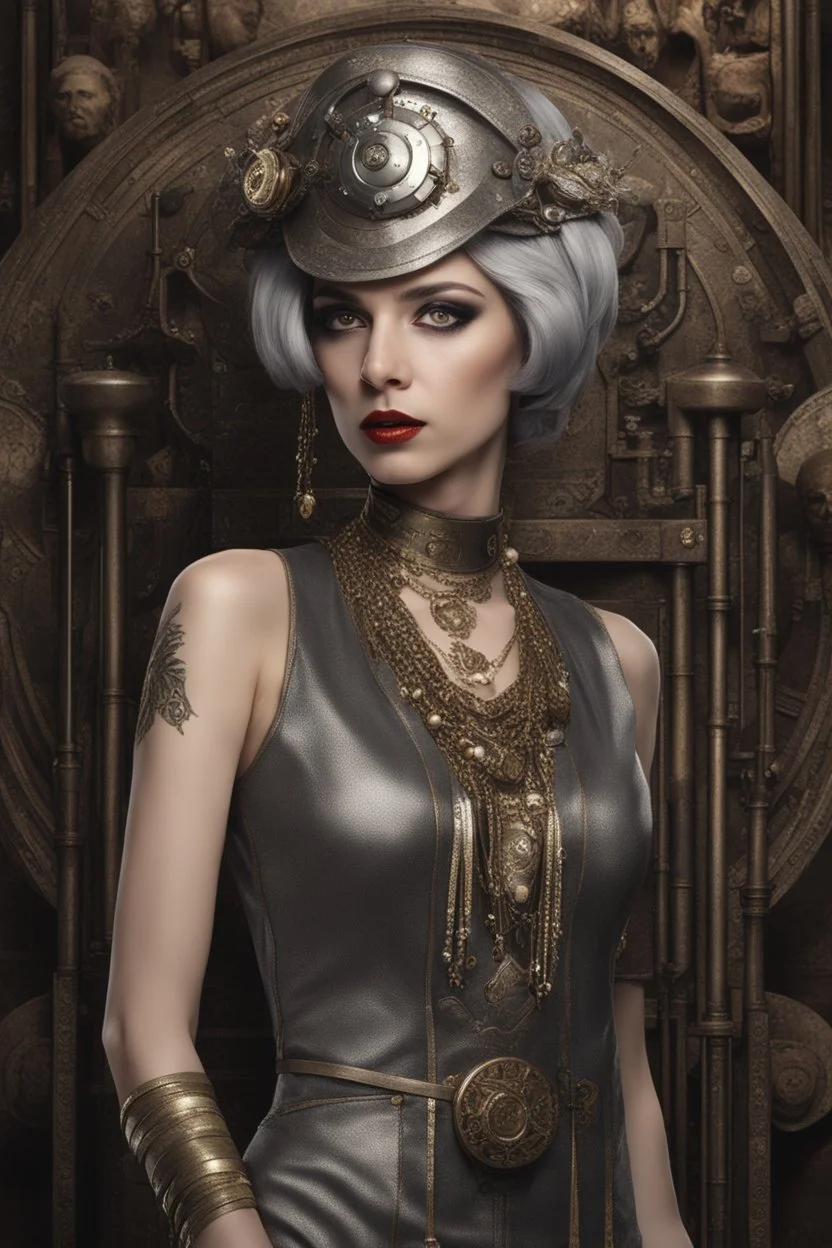 full body and headshot of a skinny Cleopatra, with a silver bob hairstyle, standing in a steampunk setting.