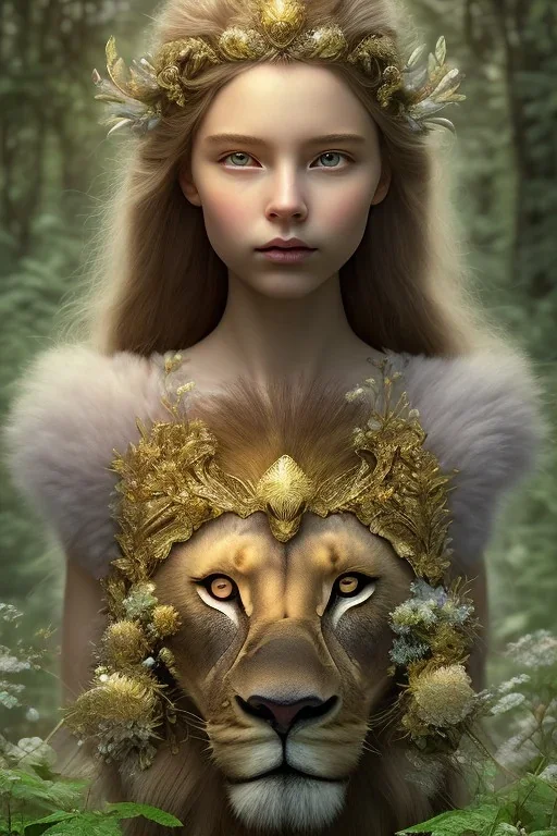 Young beautiful girl with majestic, stunning lion on nature forest path, floral crown on girl, Chronicles of Narnia, 8k resolution, high-quality, fine-detail, iridescent, intricate, digital art, detailed matte, volumetric lighting, beautiful, illustration, 3D octane render, brian froud, howard lyon, selina french, anna dittmann, annie stokes, lisa parker, greg rutowski,