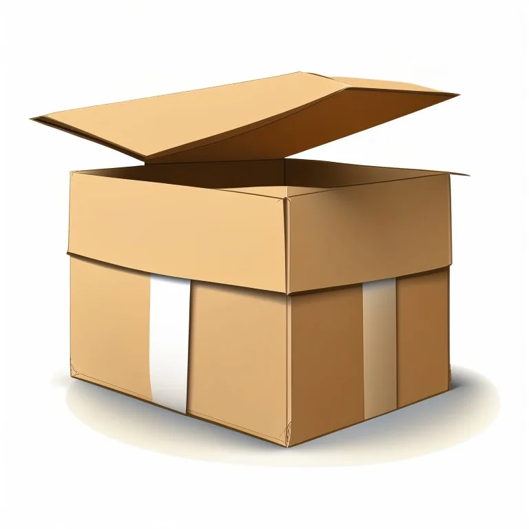 illustration of a carton moving box with an envelope in it against a white background. Full frame