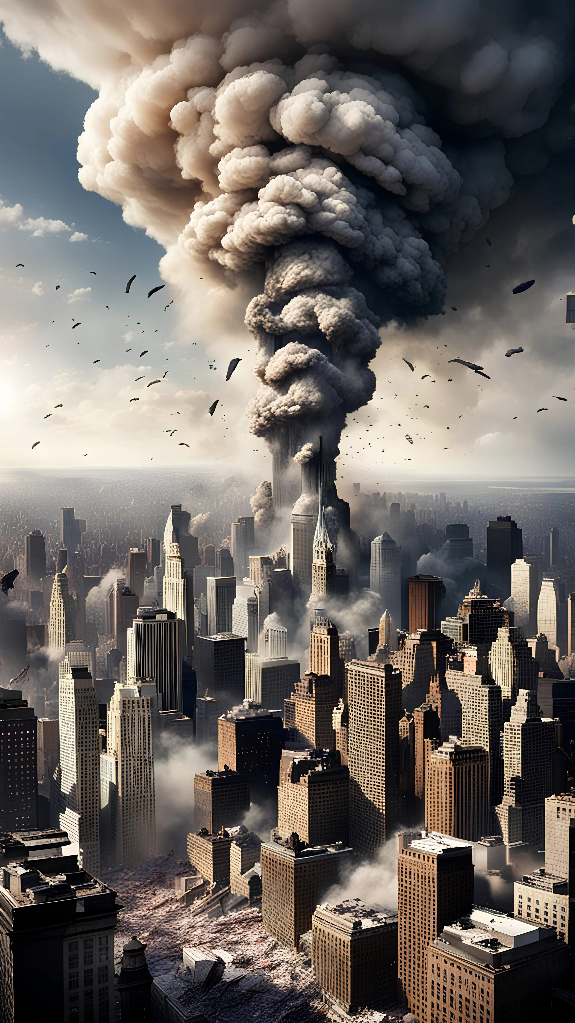 Imagine an image of an earthquake hitting the city of New York with massive devastation