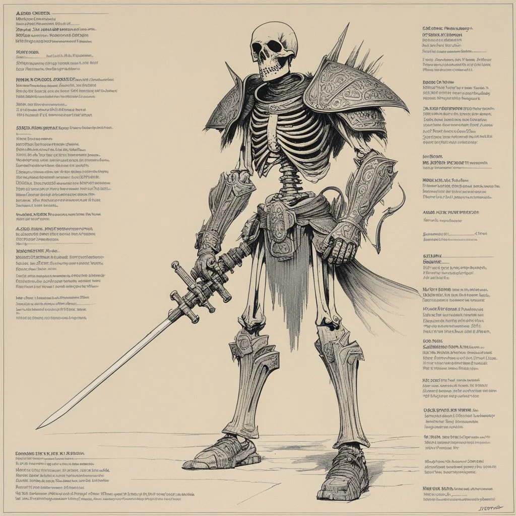 ConceptSheet: AD&D monster skeleton warrior, with statistics [by Moebius]