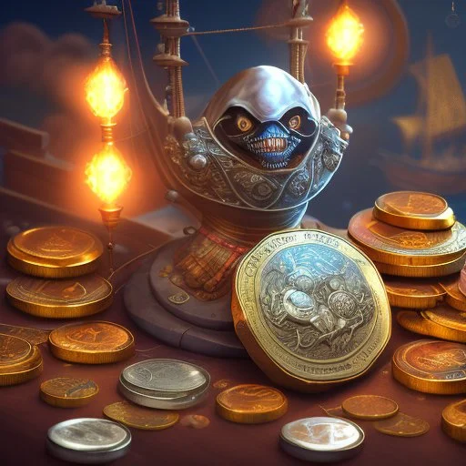 dynamic lighting, Intricately detailed, Splash screen art, deep color, Unreal Engine, volumetric lighting, silver coins, pile of coins, pirate treasure, stacked coins,