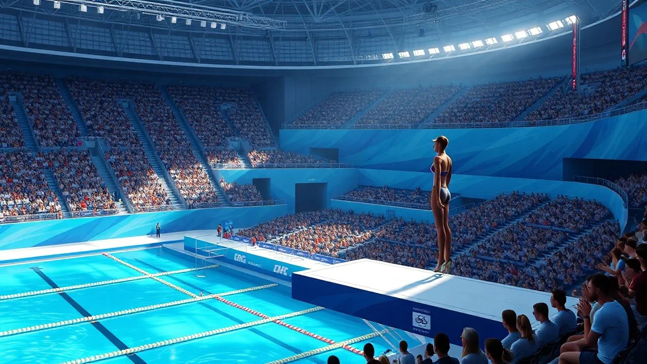 Create a detailed scene depicting a contemporary Olympic diving venue. The setting should include an audience of spectators watching the event, with a focus on a woman poised on the diving board, preparing to dive. Please include elements such as the design of the diving platform,